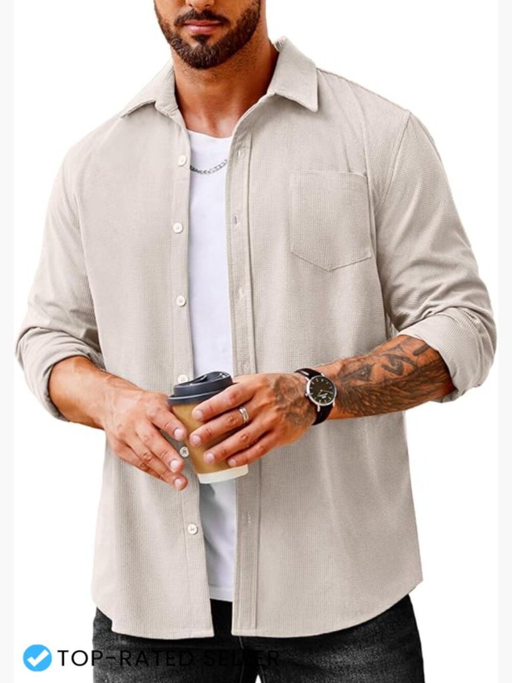 Waffle Button Down Shirt Casual Long Sleeve Shacket Jacket with Pockets